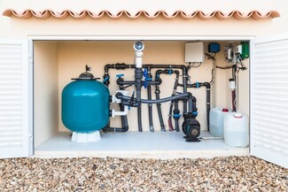 Pool Pump Shed: Louvered Doors Teal Filter Tank Housing