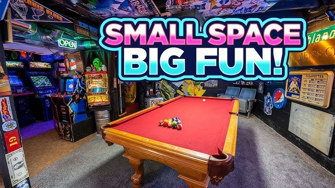 Pool Table with Red Felt and Stadium Chairs for Small Basement Layouts