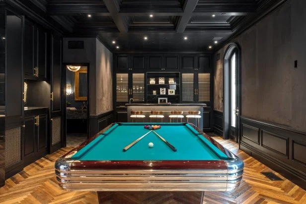 Pool Table with Teal Felt and Black Coffered Ceiling for Moody Designs