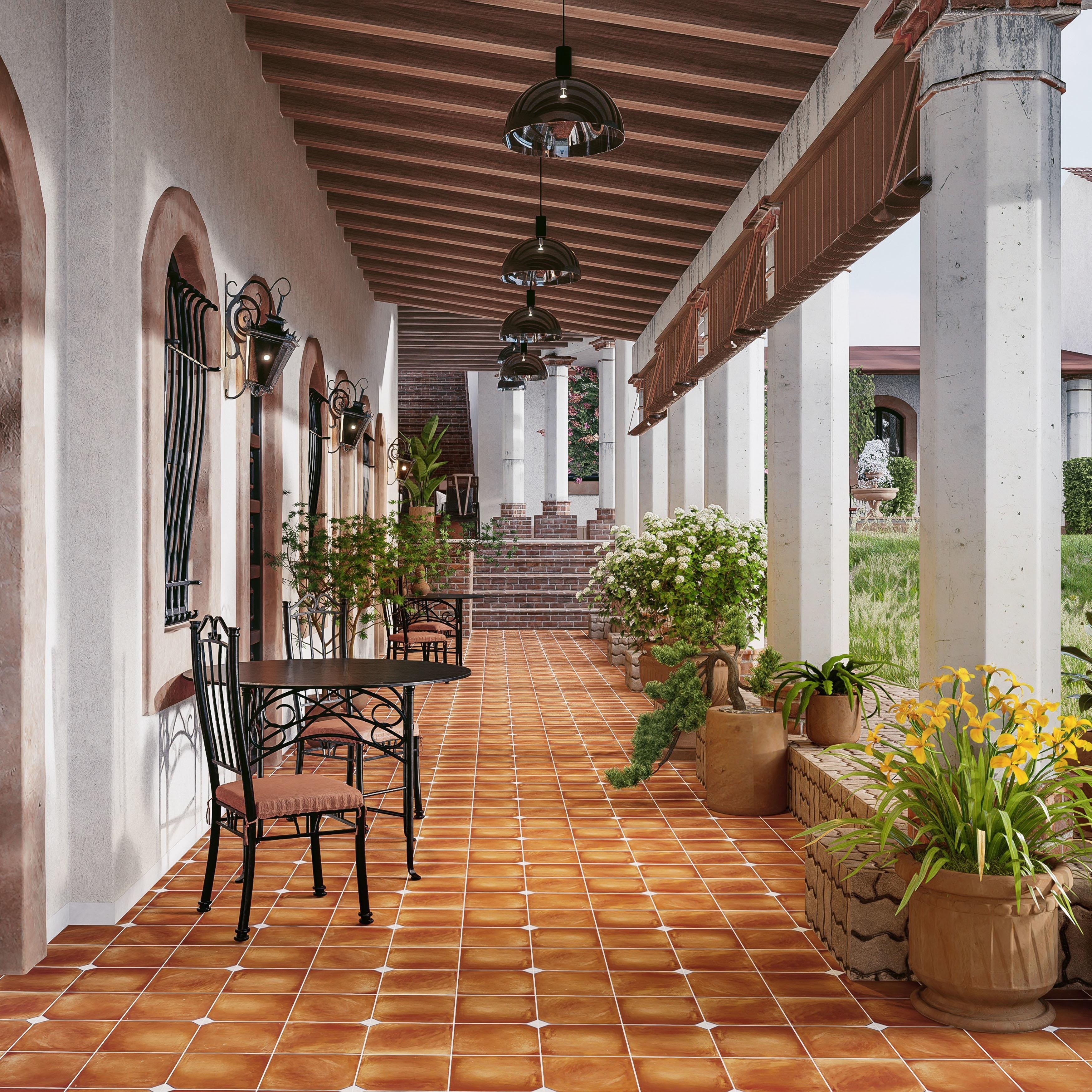 Porcelain Floor Tile with Coin Pattern Corners in Ochre