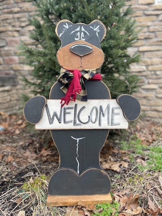 Porch Stander Buffalo Plaid Scarf Welcome Sign Rustic Bear Porch Decor