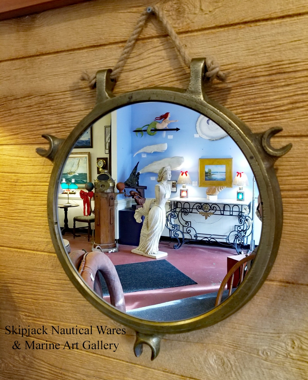 Porthole Mirror with Brass Frame and Heavy Rope Hanger Loop