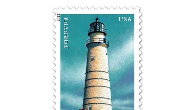 Postage Stamp Scalloped Edges Teal Backdrop Boston Light Art