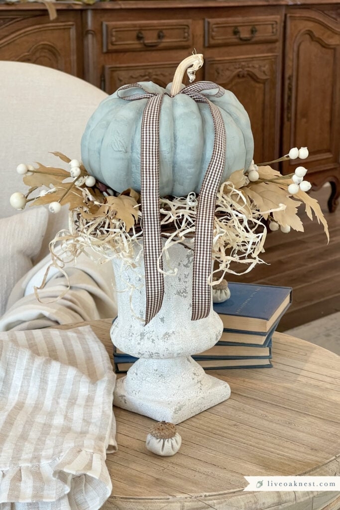 Pumpkin Topiary Blue Pumpkin Distressed White Urn Gingham