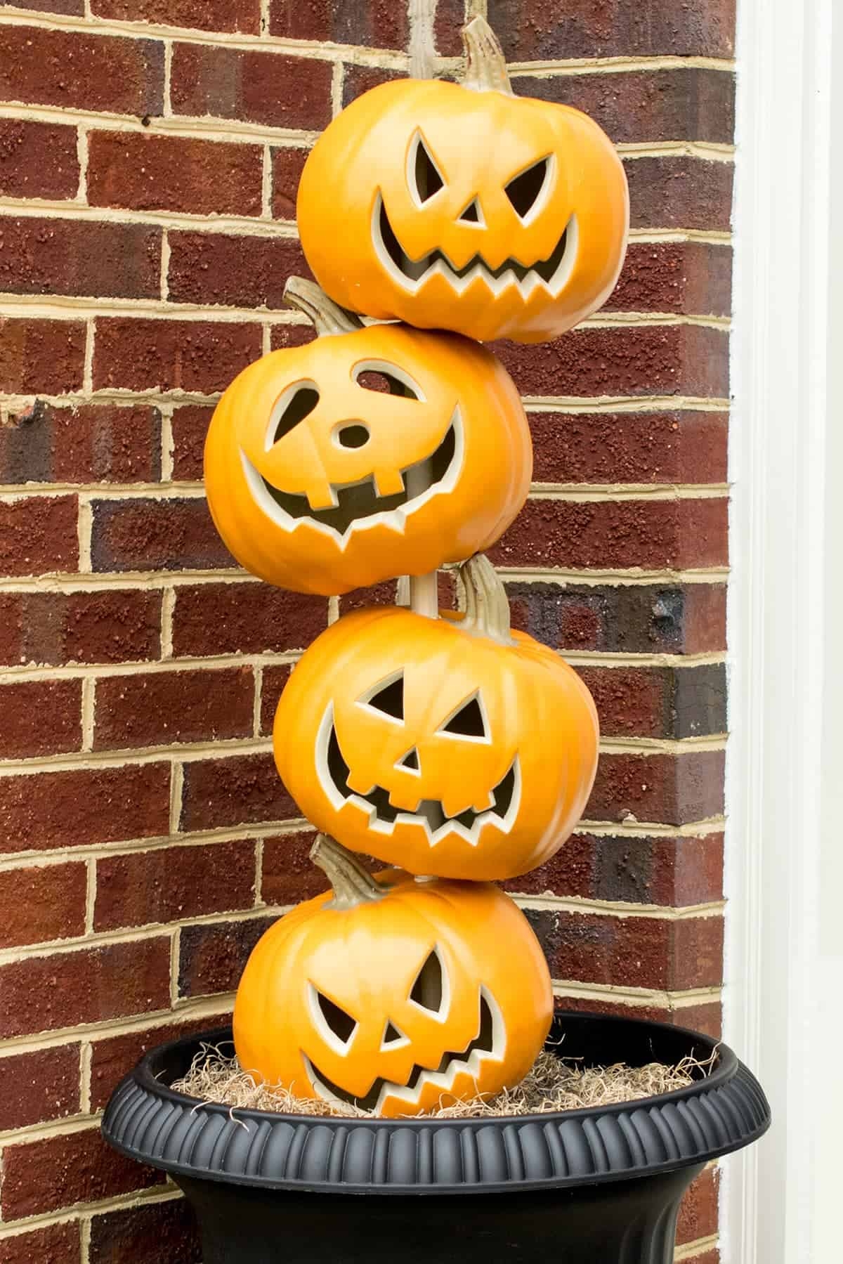 Pumpkin Topiary Carved Faces Fluted Base Jack-O-Lantern Tower