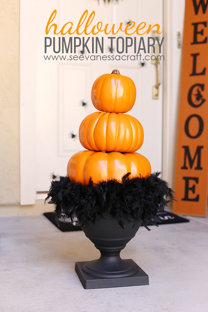 Pumpkin Topiary Feather Boa Base Three-Tier Stack Black Urn