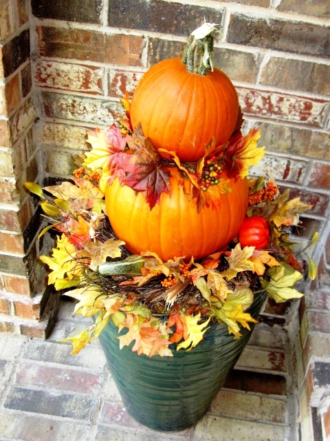 Pumpkin Topiary Fluted Green Planter Multi-Toned Leaves