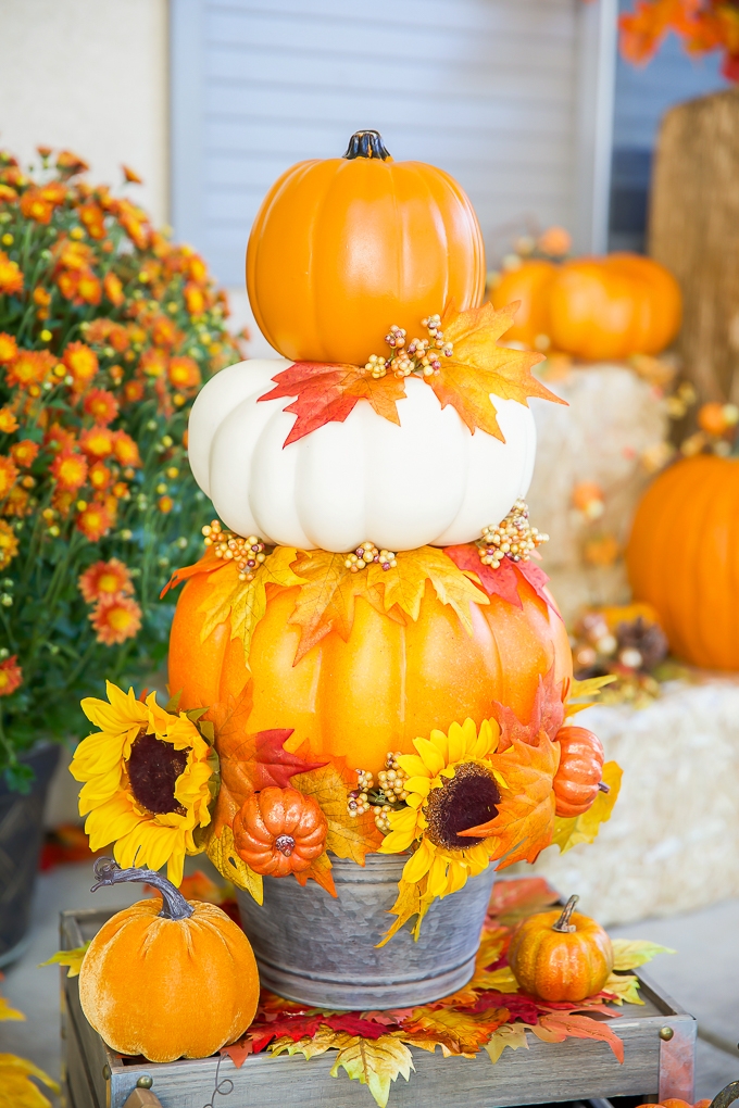 Pumpkin Topiary Galvanized Bucket Base Sunflower Accents DIY