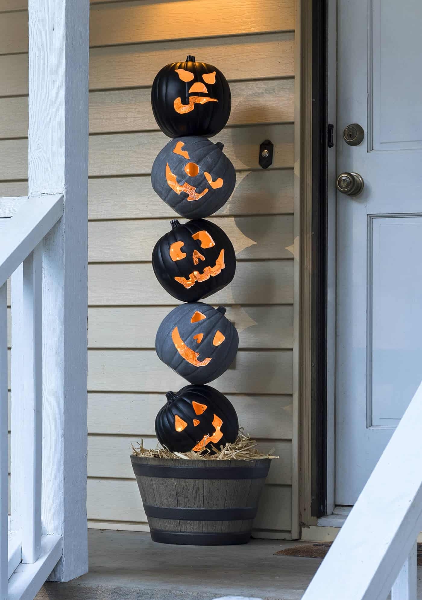 Pumpkin Topiary Lighted Interior Jack-O-Lantern Faces Black