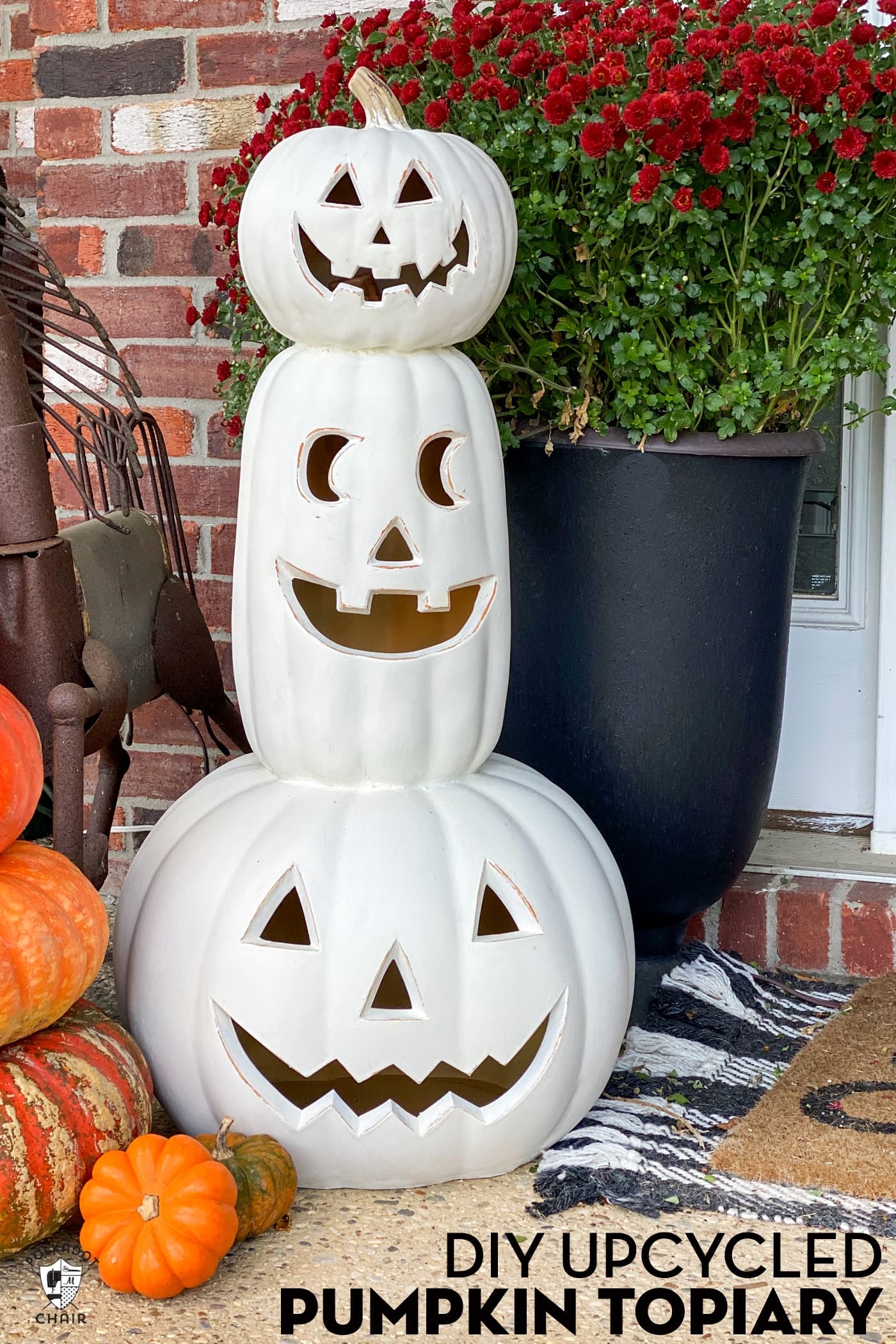 Pumpkin Topiary Matte White Finish Carved Faces Graduated