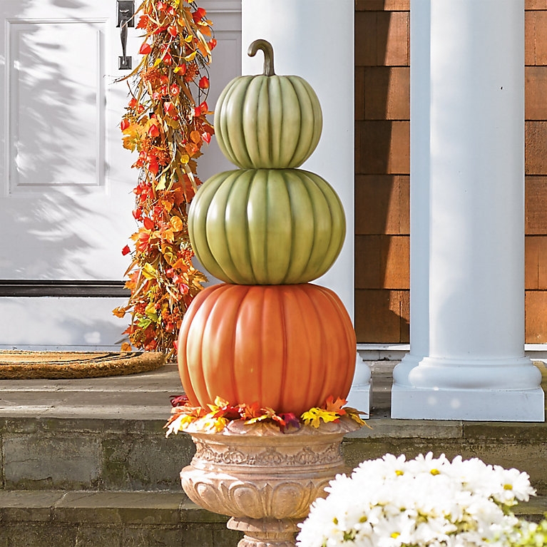 Pumpkin Topiary Sage Green Accents Weathered Urn Three-Stack