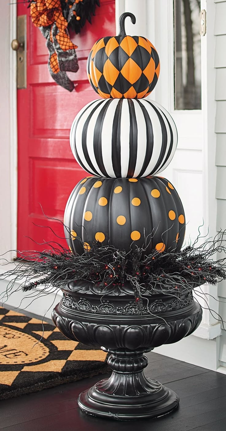 Pumpkin Topiary Stacked Patterns Ornate Pedestal Twig Accents