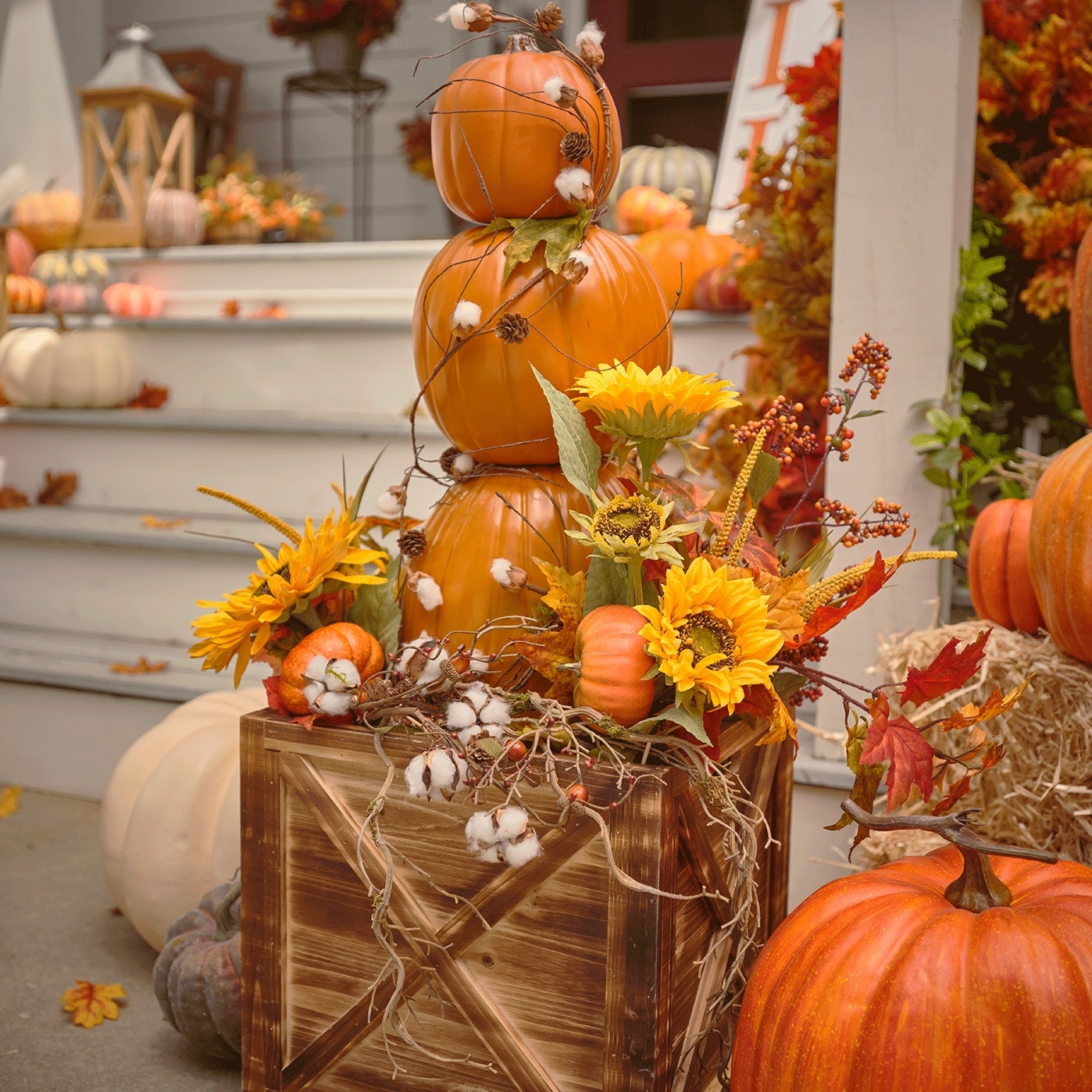 Pumpkin Topiary Sunflower Accents X-Brace Crate Rustic Decor