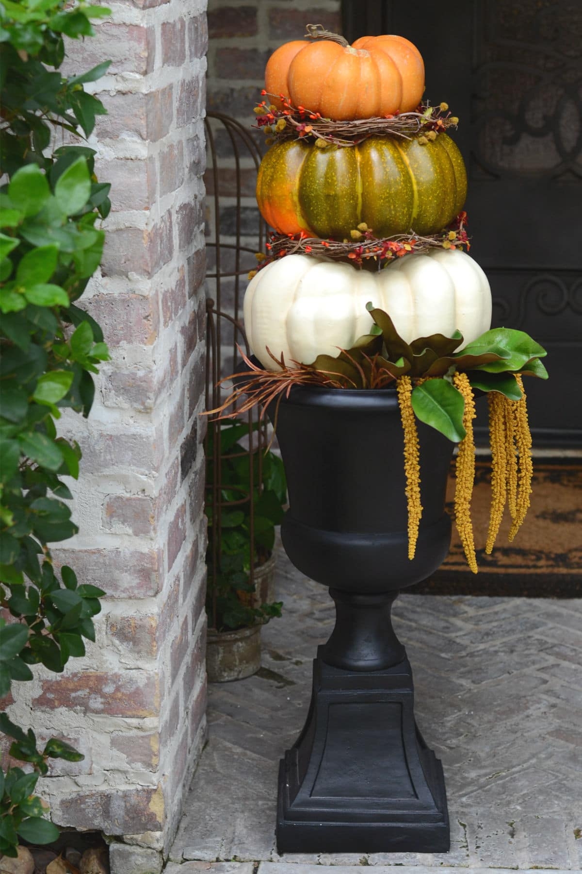 Pumpkin Topiary Tri-Color Palette Pedestal Urn Stacked Design