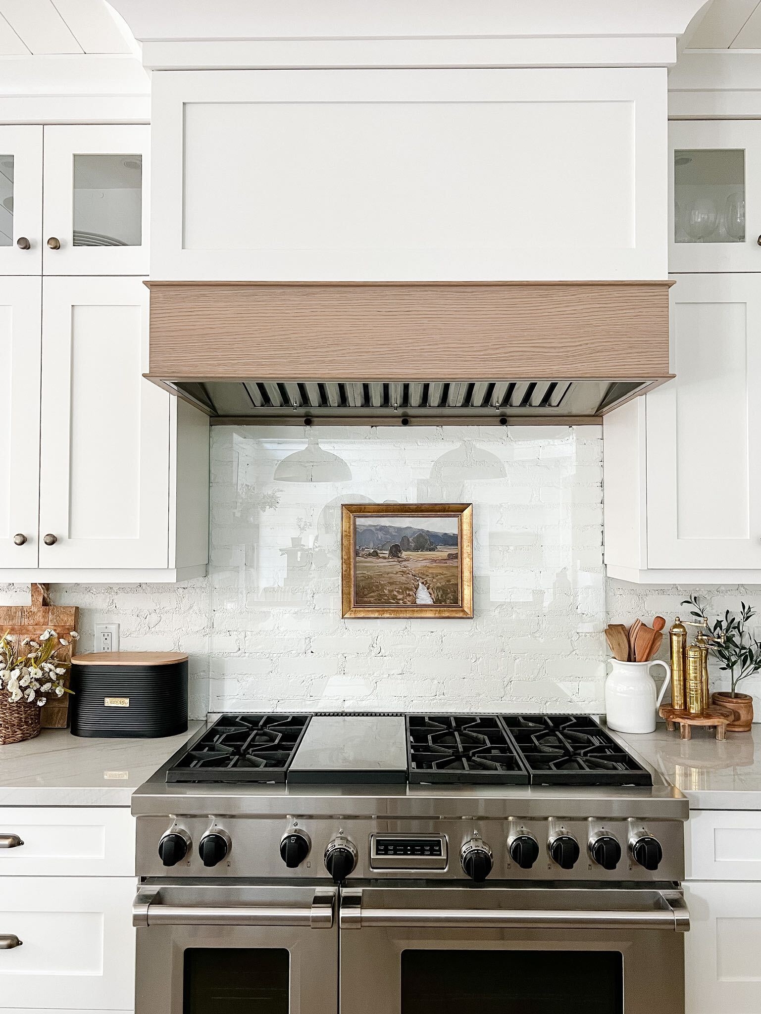 Range Hood Wood Hood Trim with Whitewashed Brick Backsplash Art