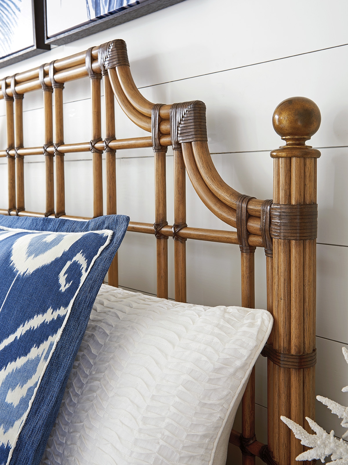 Rattan Headboard Multi Pole Leather Wrapped British Colonial Style