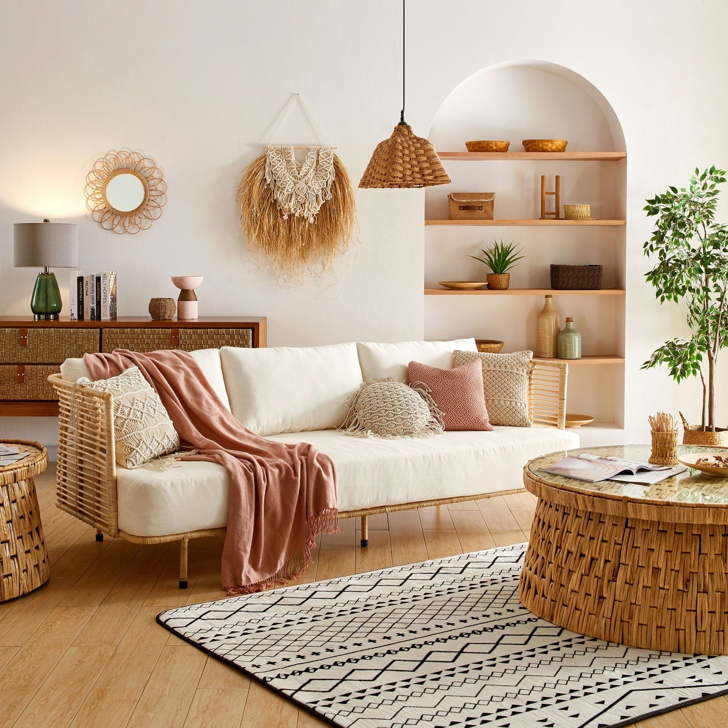Rattan Sofa Woven Frame Coastal Boho Living Room Decor