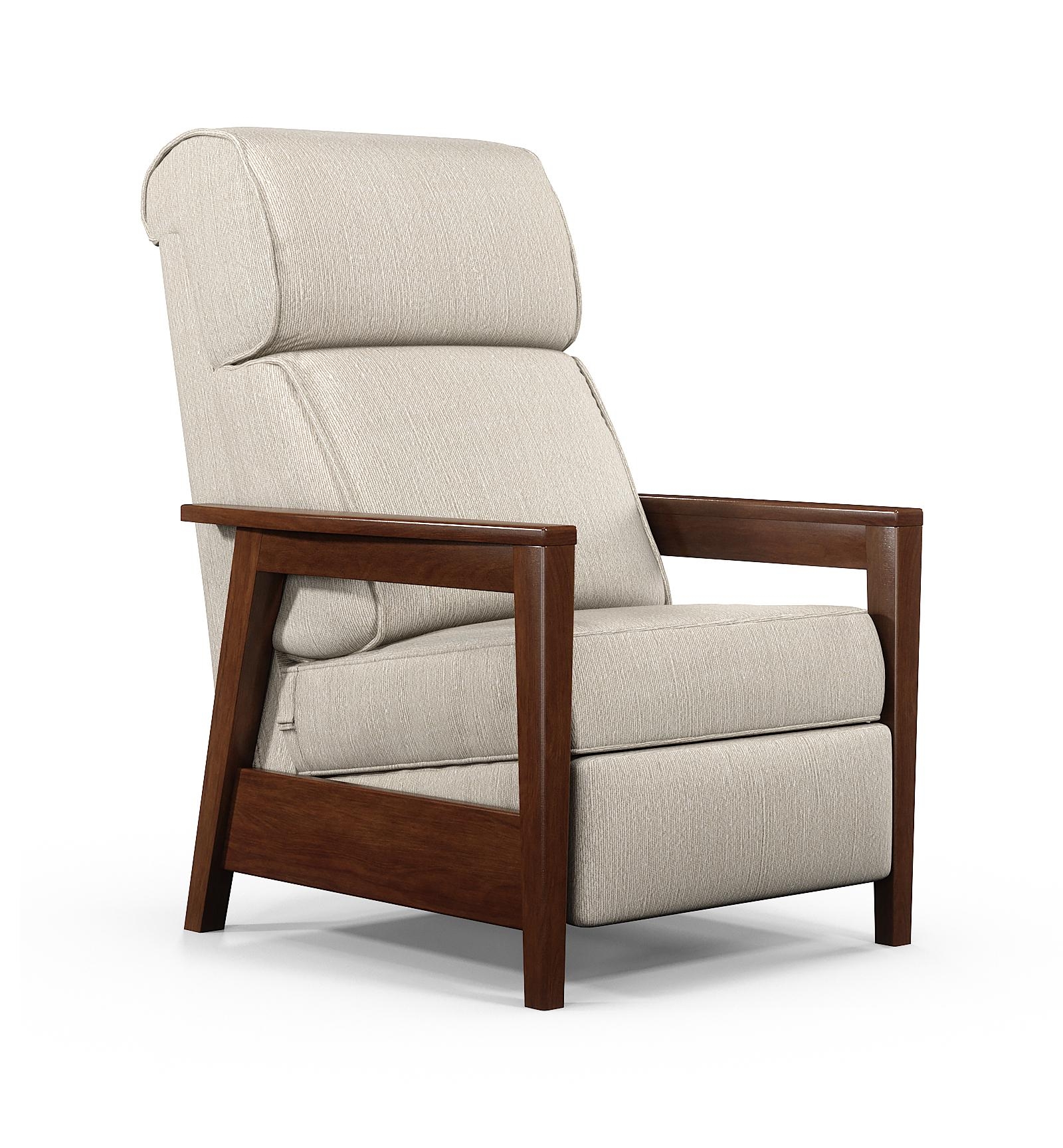 Recliner Chair has Rolled Headrest and Cherry Wood Frame Accents