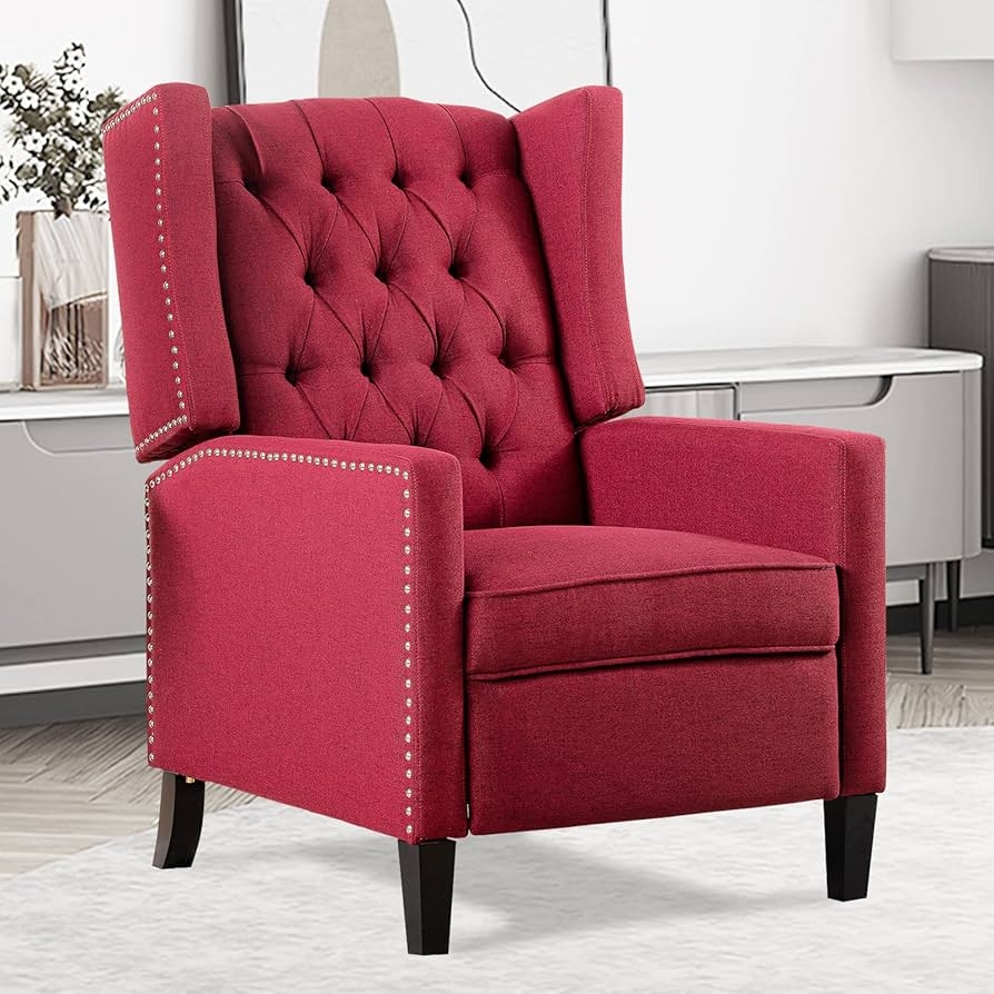 Recliner Chair in Burgundy Fabric with Wingback Button Tufting