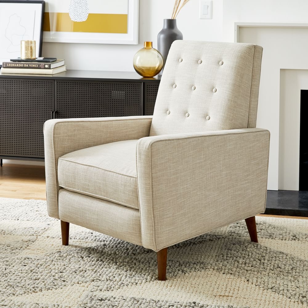 Recliner Chair showing Crossweave Fabric and Pecan Tapered Legs