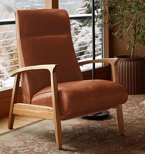 Recliner Chair using Sculpted Oak Arms and Tawny Leather Finish