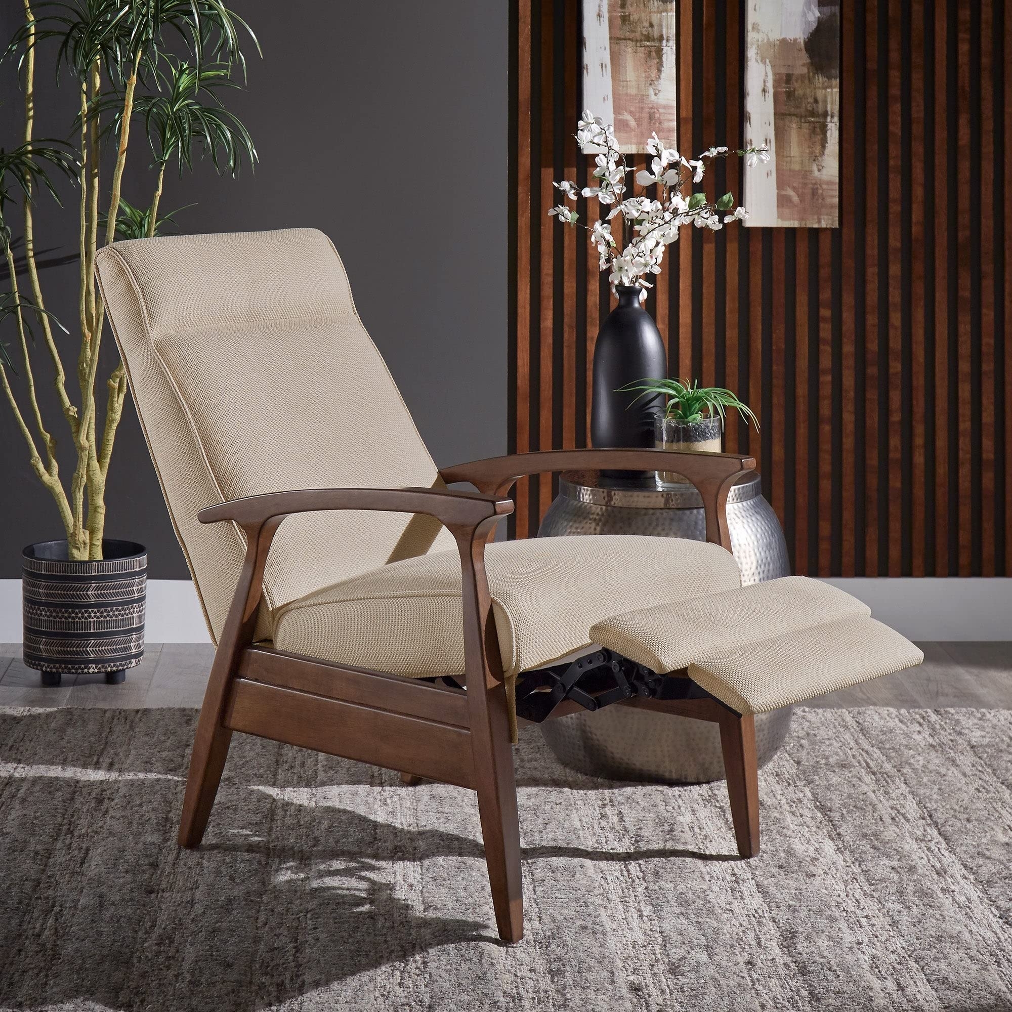 Recliner Chair with Flared Arms and Mid-Century Beige Upholstery