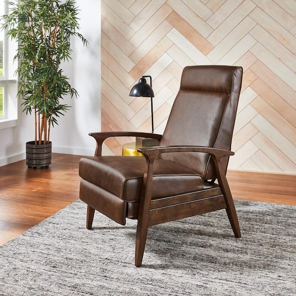 Recliner with Curved Wooden Arms and Walnut Frame Pushback Design