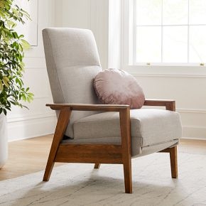Recliner with Show Wood Frame and Oatmeal Fabric Accent Seating