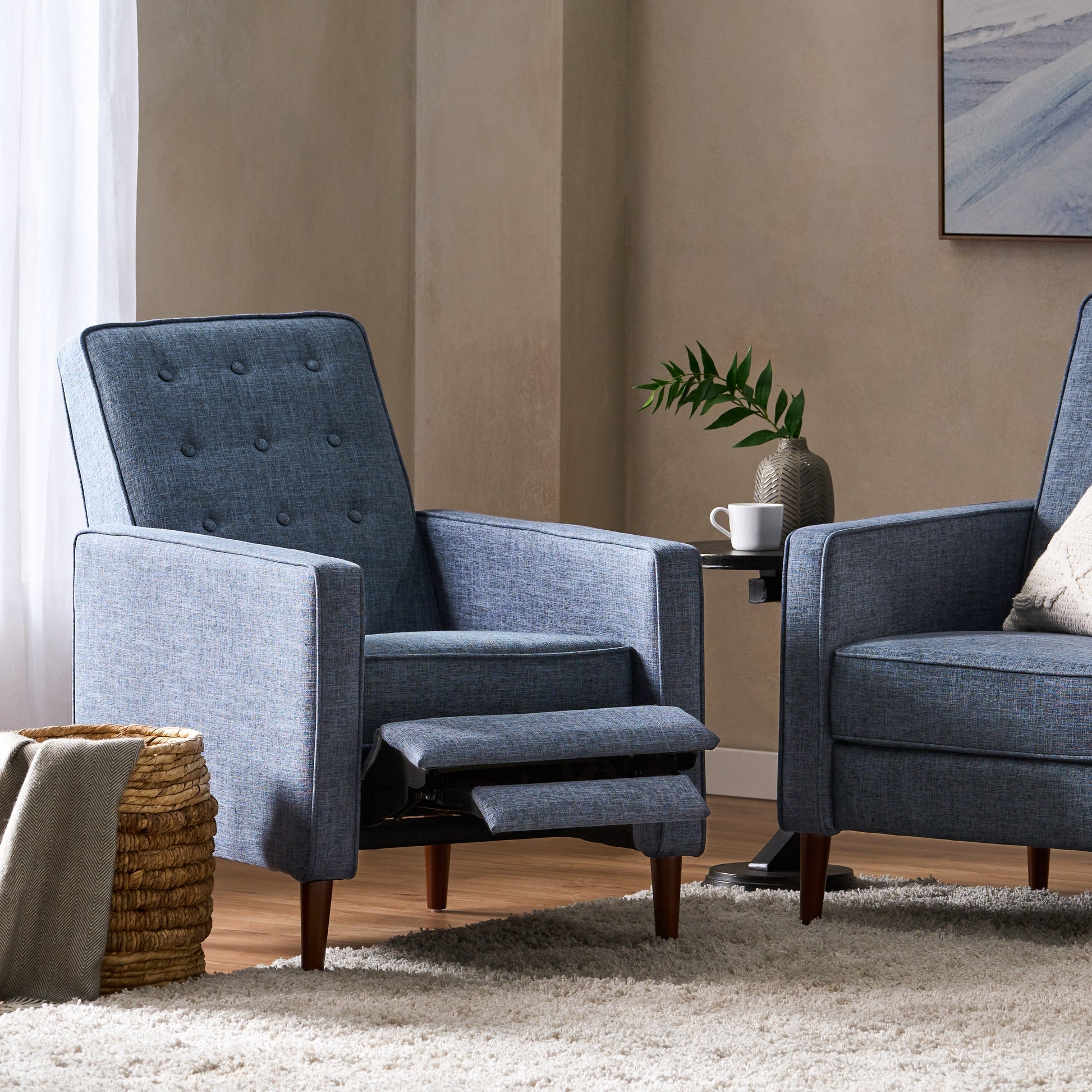 Recliner with Slim Track Arms and Blue Mid-Century Seating Style