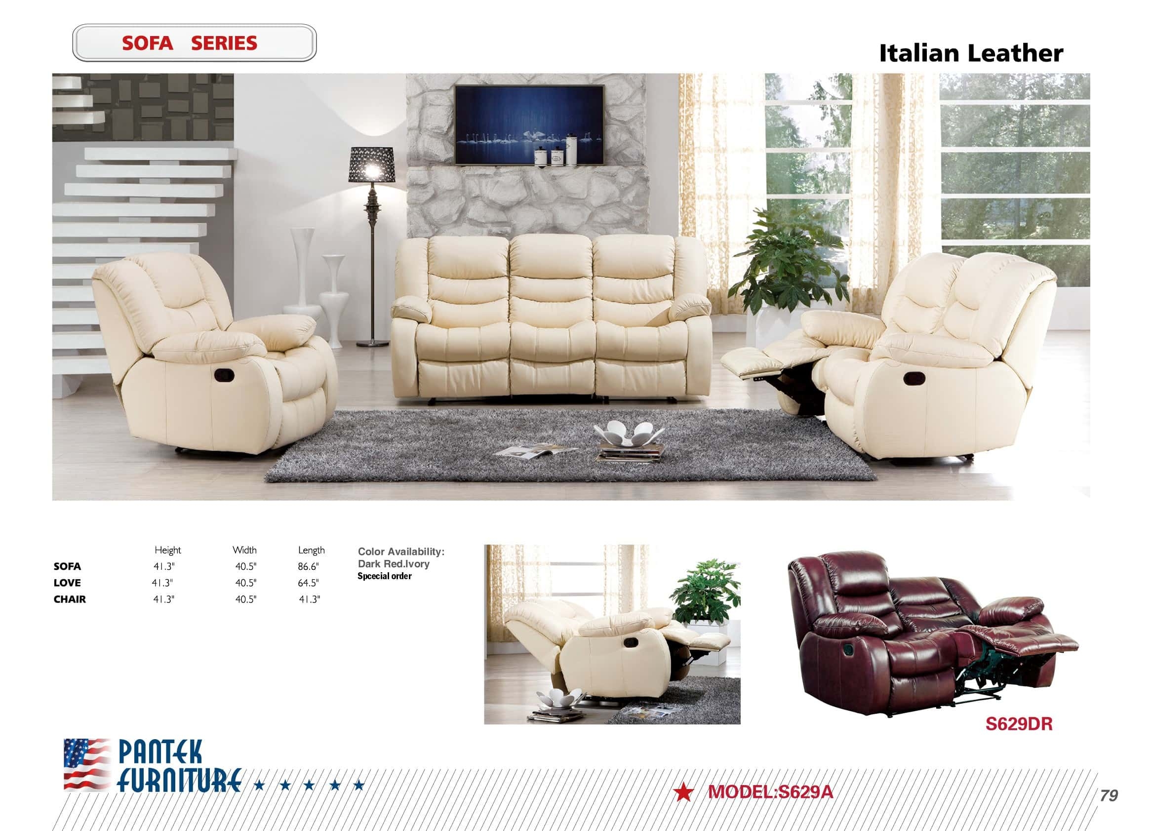Reclining Sofa Set in Ivory Italian Leather and Padded Arms