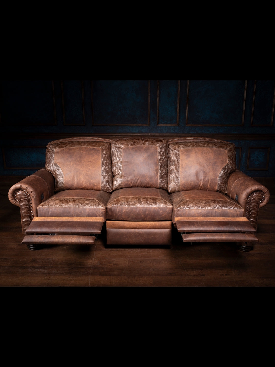 Reclining Sofa with Crocodile Embossed Accents and Nailheads