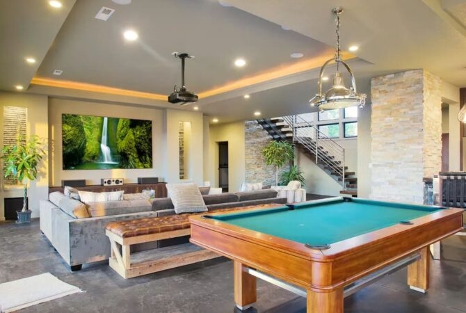 Recreation Room with Amber Cove Lighting for Modern Basement Man Caves