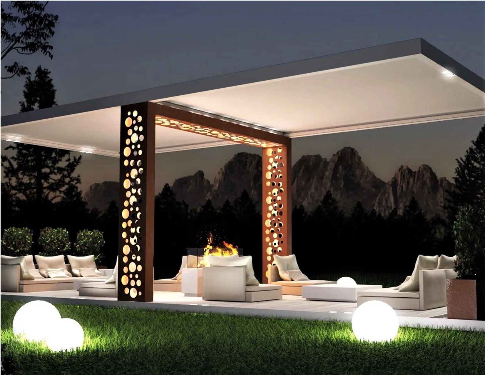 Retractable Pergola with Perforated Pattern & Bronze Metallic