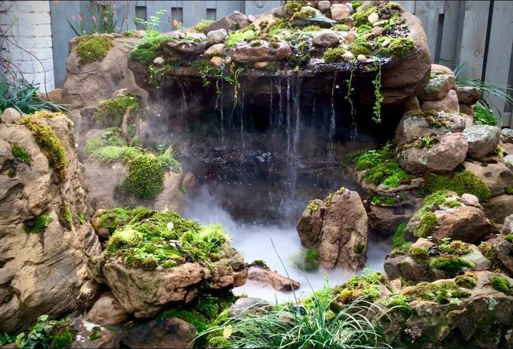 Rock Waterfall: Mist Fog Effect and Cave Overhang