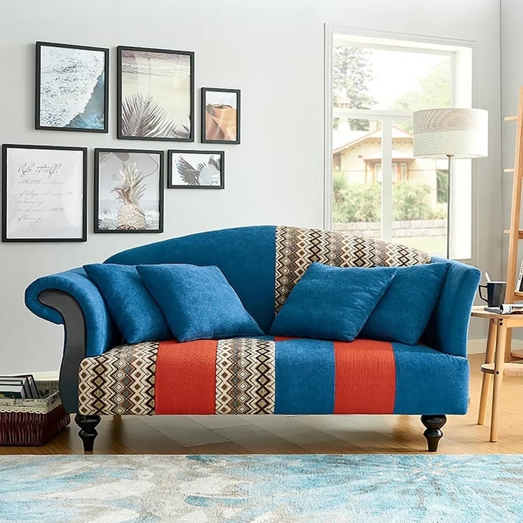Rolled Arm Sofa with Patchwork Upholstery and Geometric Patterns