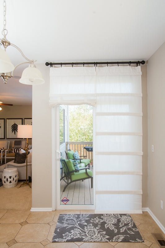 Roman Shade: Black Curtain Rod White Fabric Patio Curtains