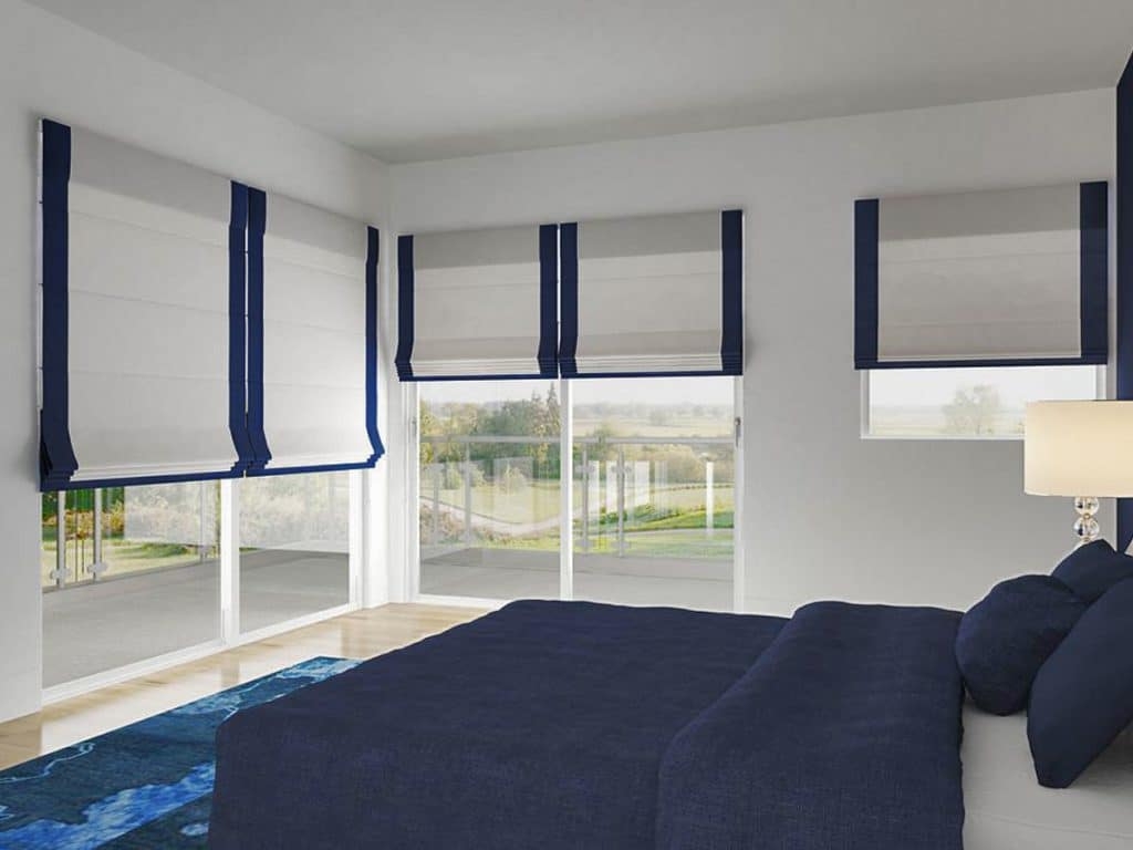 Roman Shades: Navy Border Trim Navy Border Roman Shades