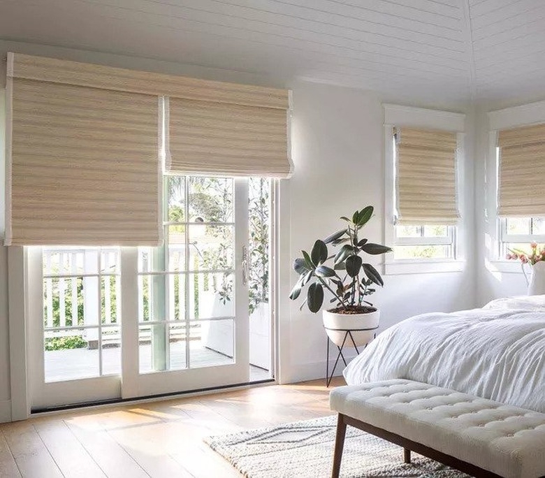 Roman Shades: Split Window Shades Woven Texture Bedroom Decor