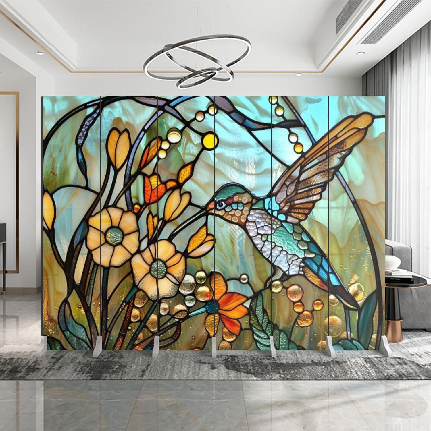Room Divider: Art Nouveau Folding Separator Hummingbird Motif