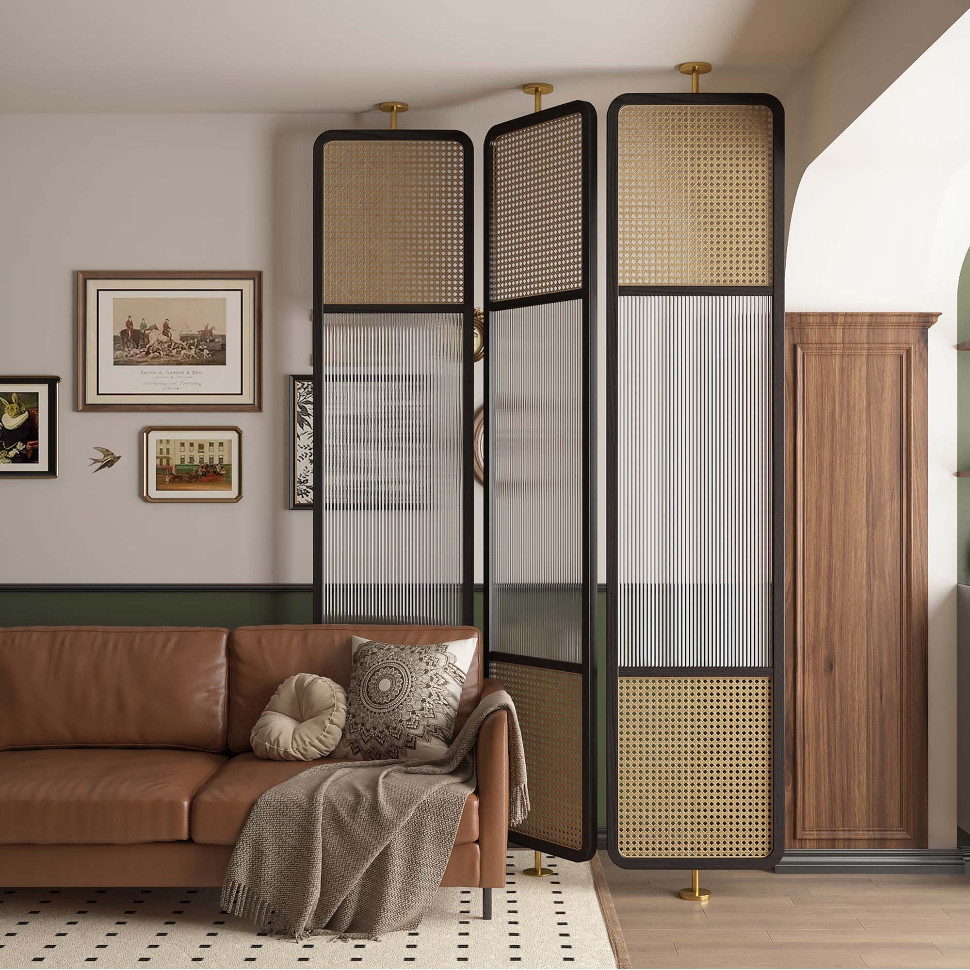 Room Divider: Fluted Glass Rattan Cane Mid Century Partition
