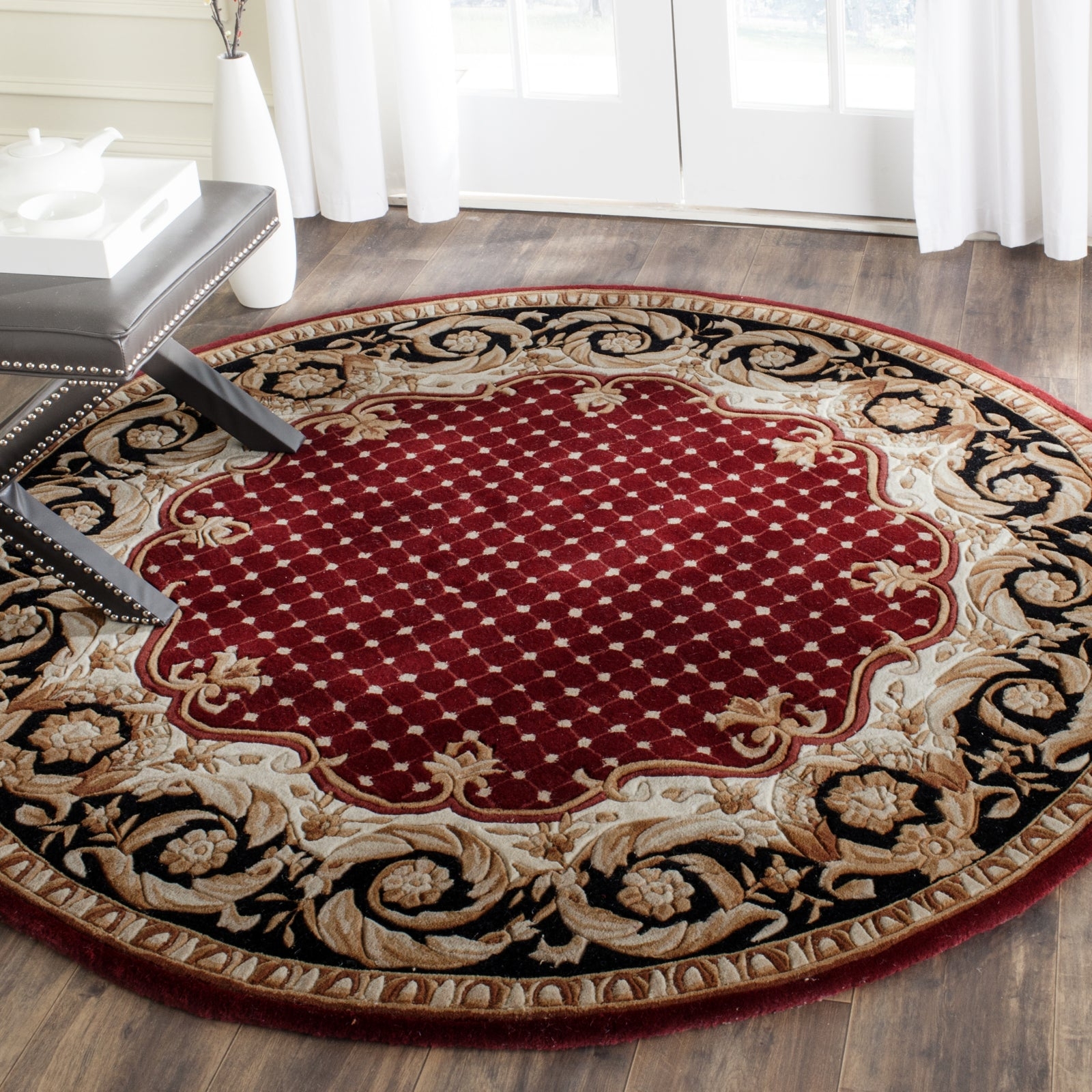 Round Area Rug - Burgundy Lattice Center Ornate Floral Rug