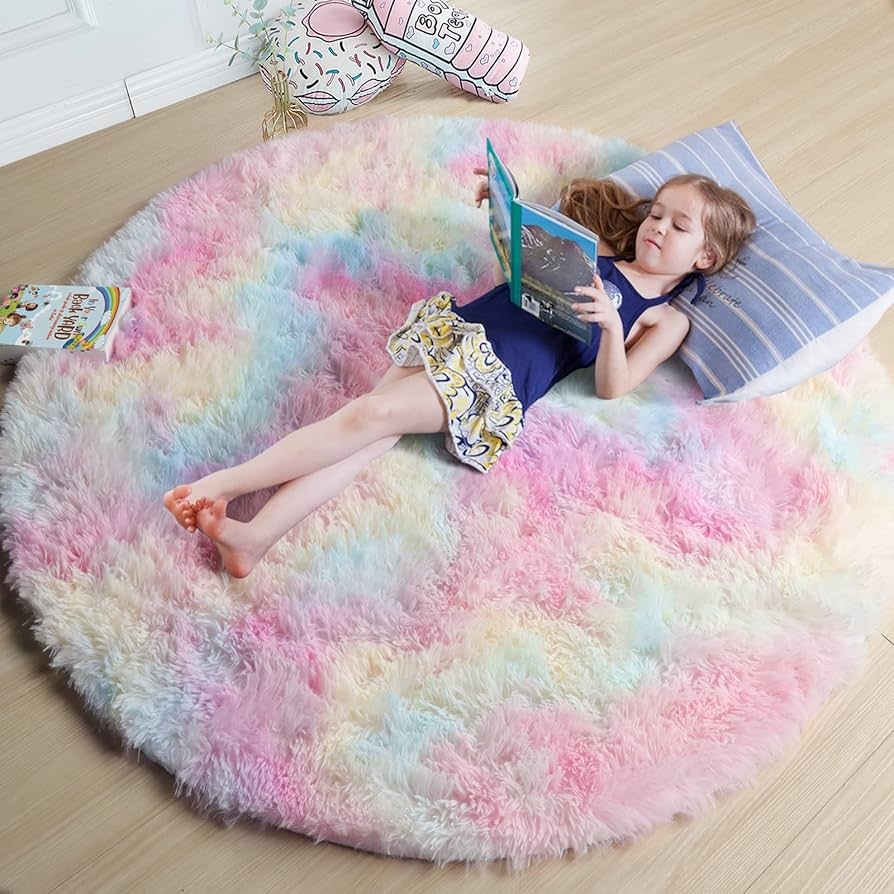 Round Area Rug Pastel Rainbow High Pile Shag Unicorn Rug