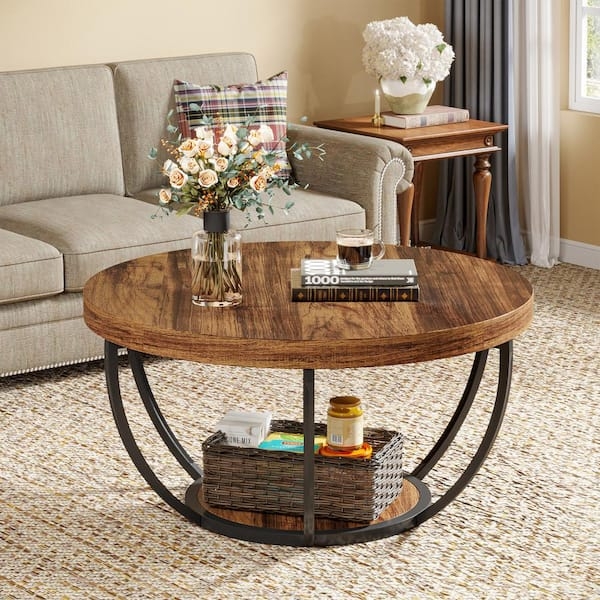 Round Center Table with Rustic Brown Finish and Curved Legs