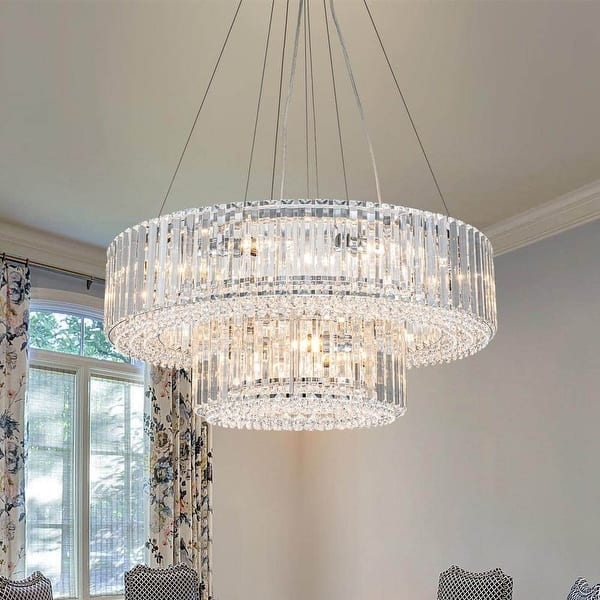 Round Chandelier Tiered Drum Multi-Light Glass Prism Chandelier