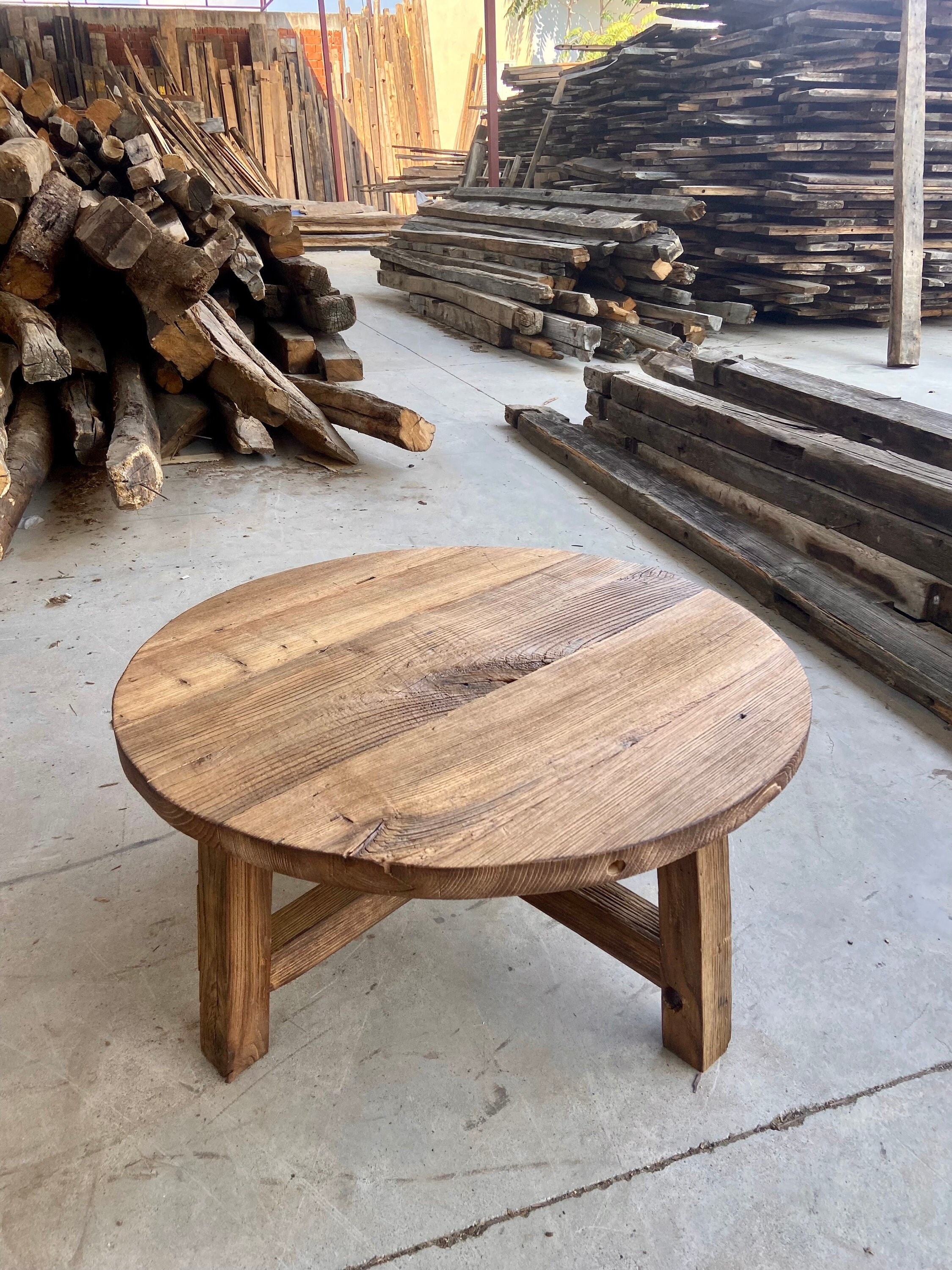 Round Coffee Table in Reclaimed Wood with Chunky Tripod Base