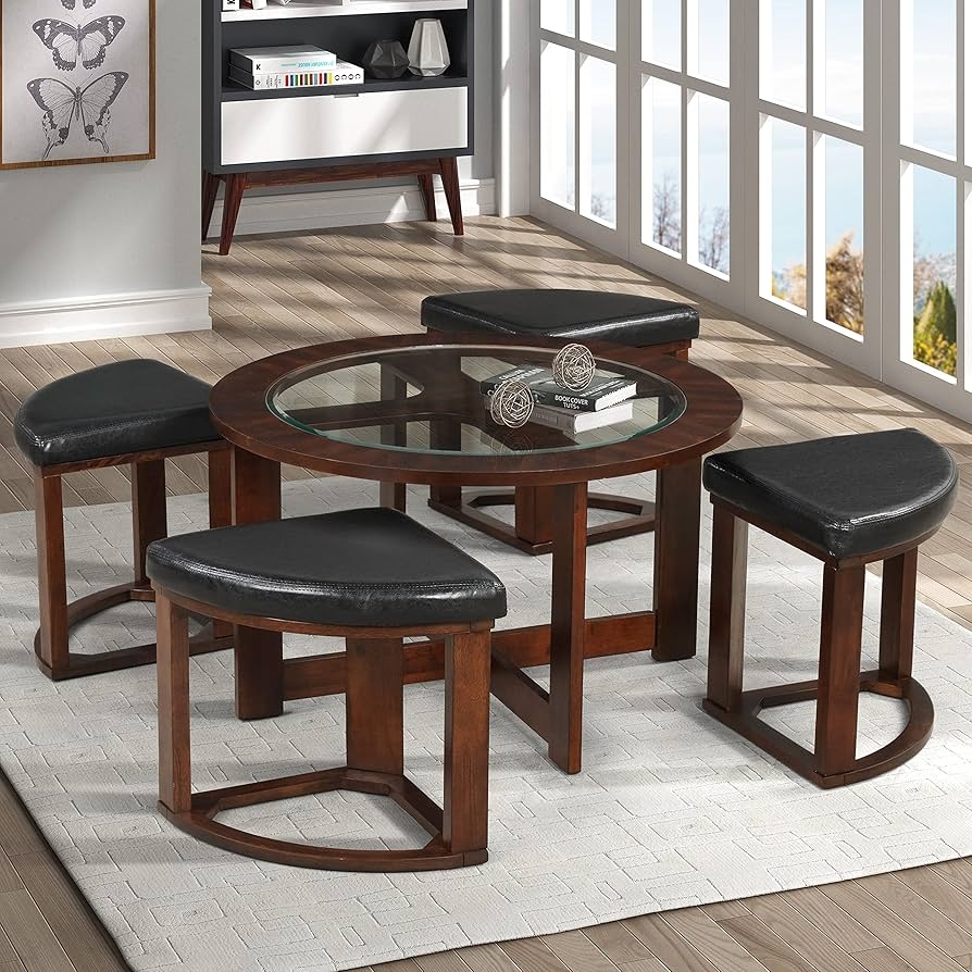 Round Coffee Table Set with Glass Top and Wedge Stools