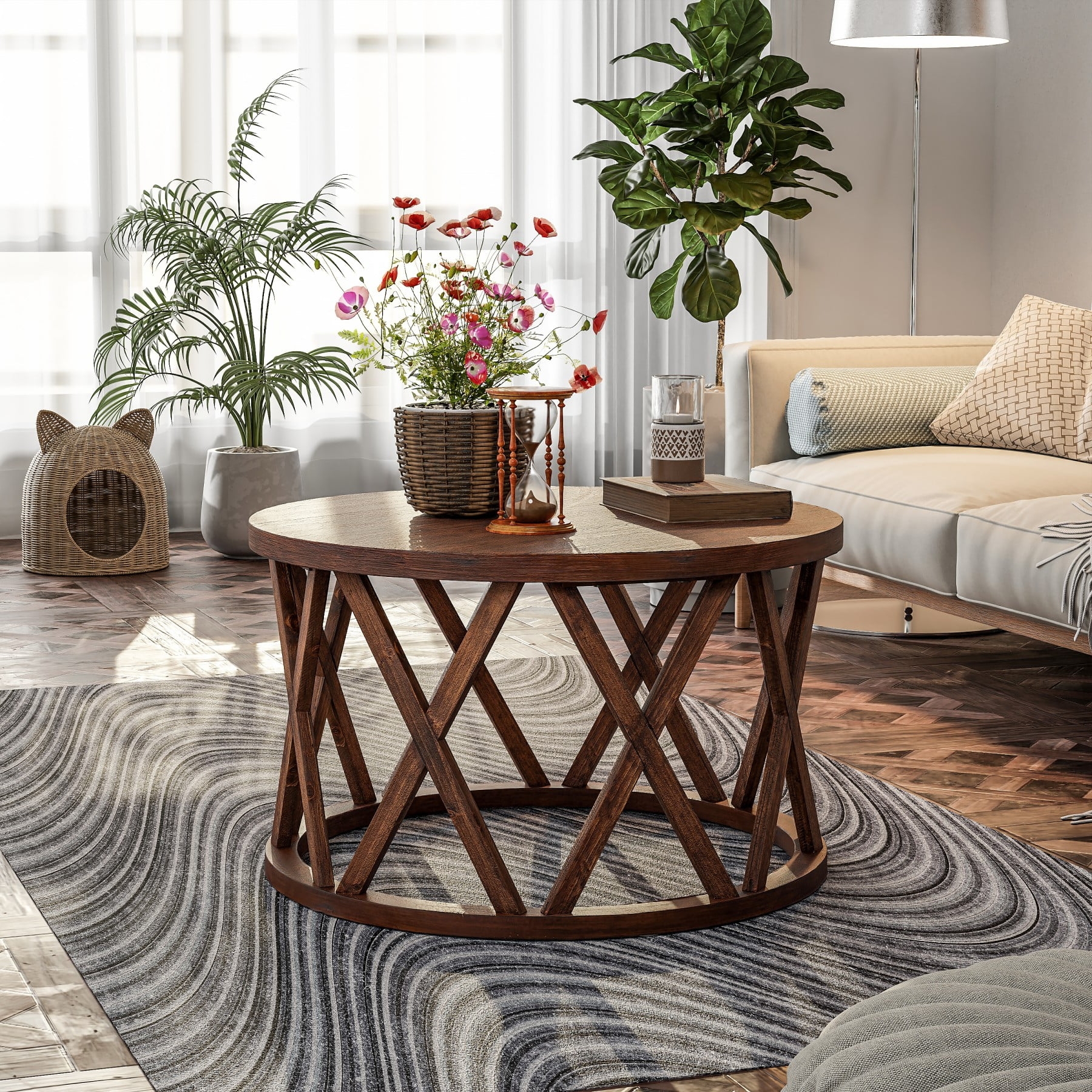 Round Coffee Table showing X-Motif Legs and Solid Ring Base