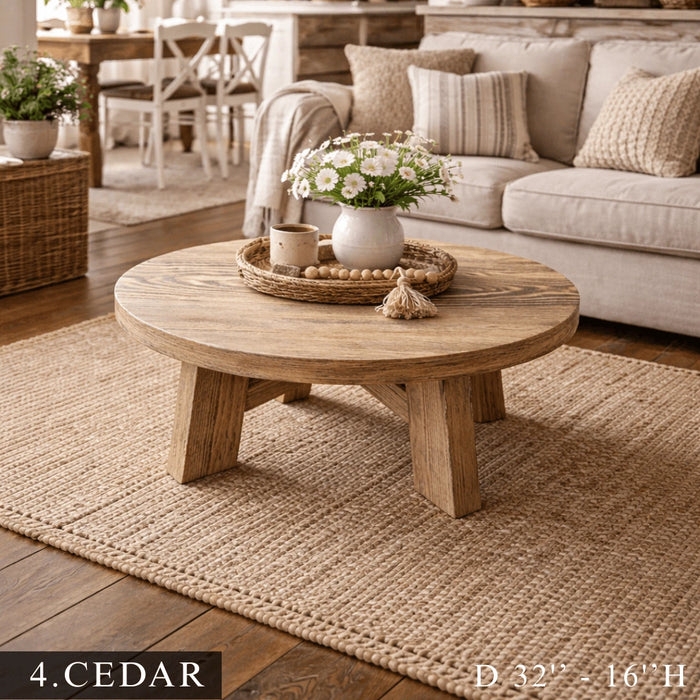 Round Coffee Table with Cedar Tones and Chunky Angled Legs