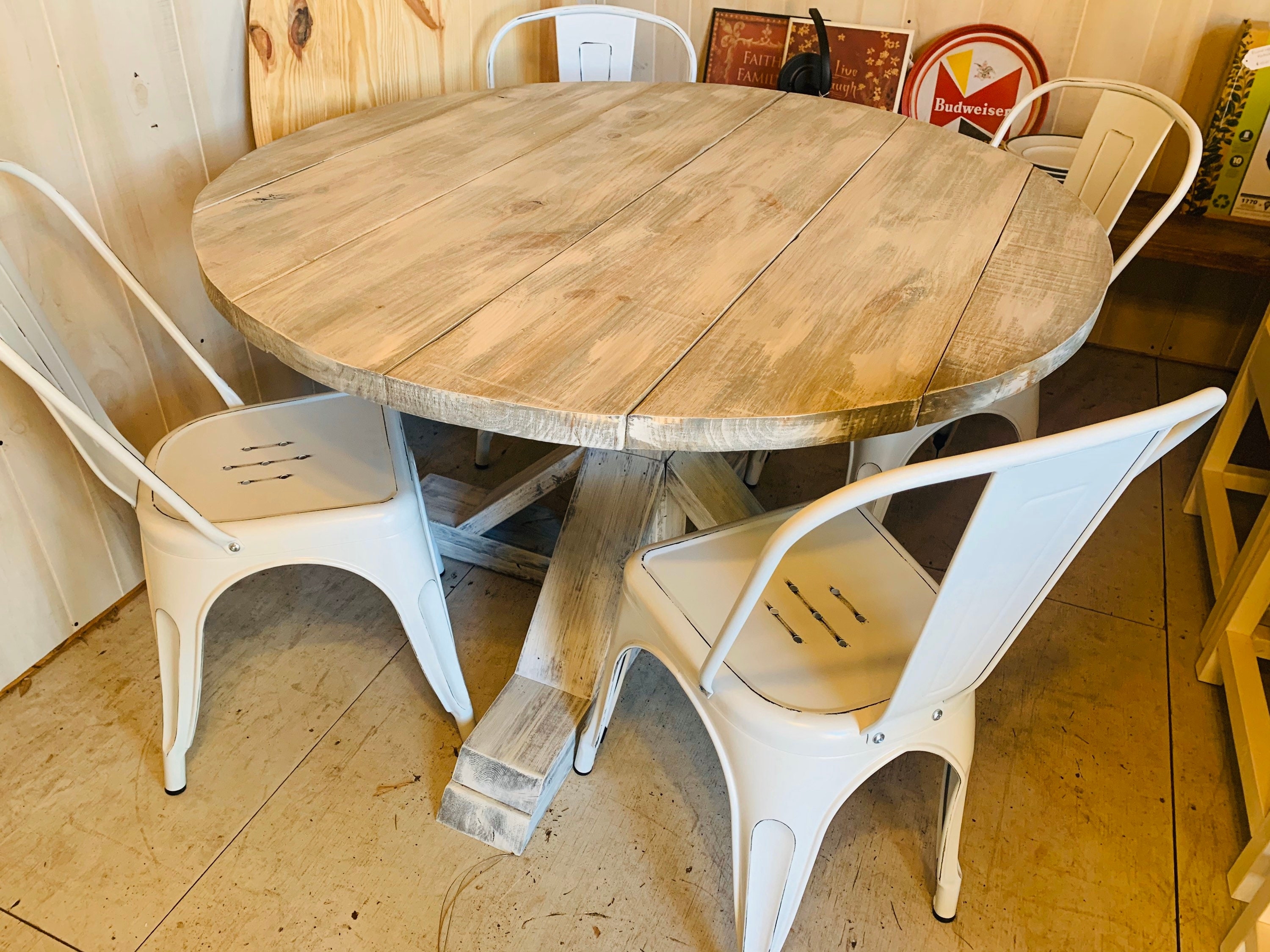 Round Dining Set with Pedestal Trestle Base and Plank Top