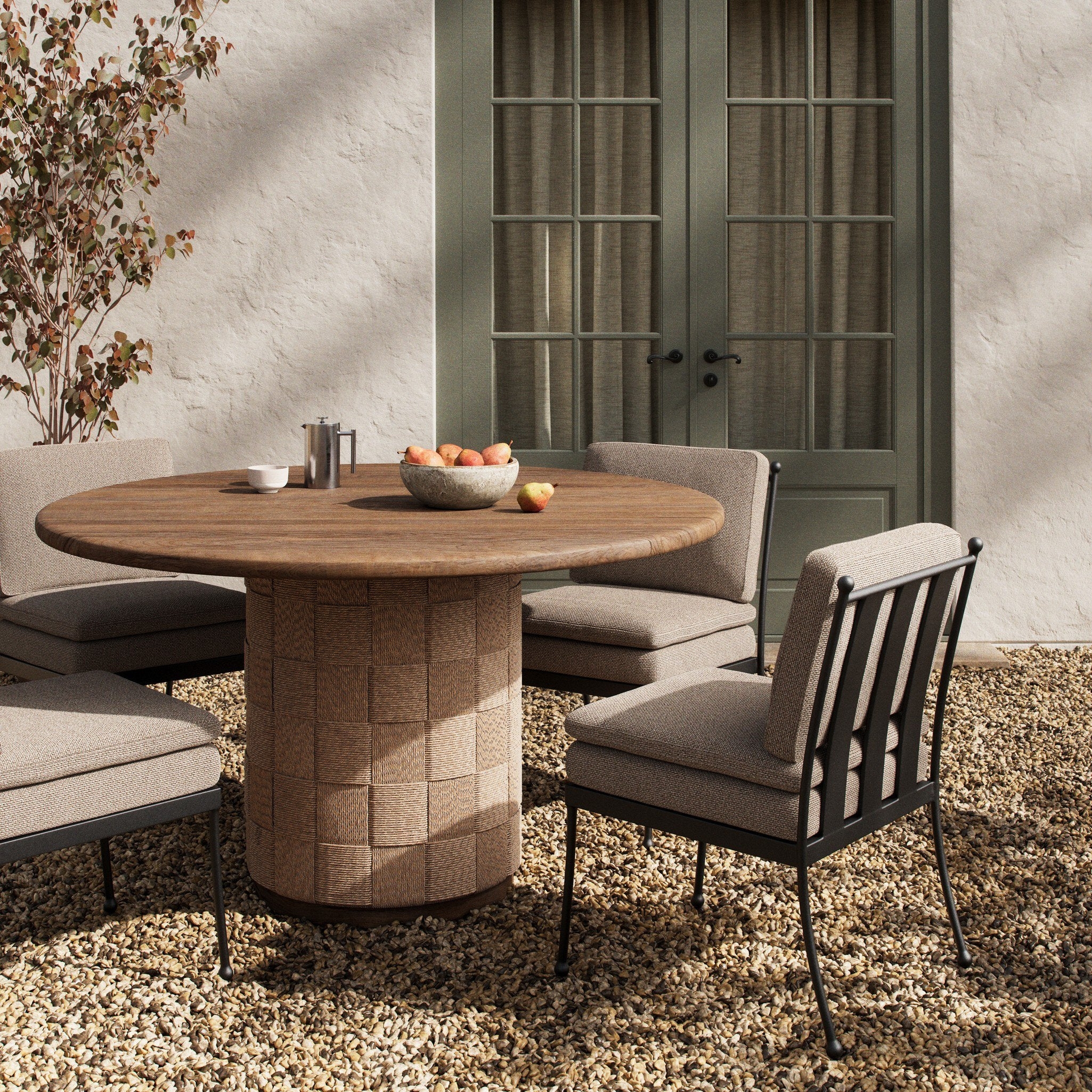 Round Dining Set: Woven Checkered Base and Slat Back Chairs